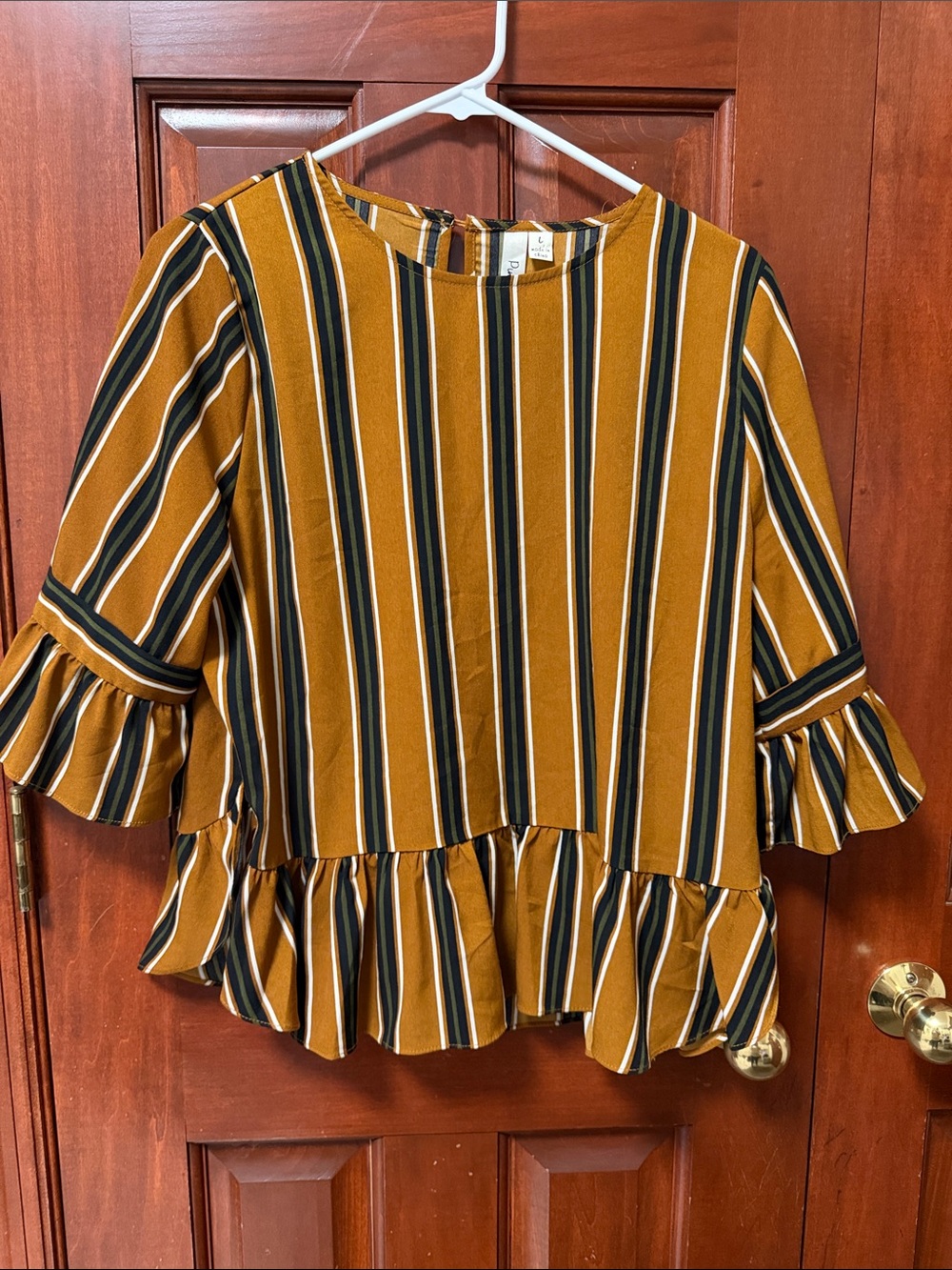 Pink Owl Striped Ruffle Hem Mustard Womens Top